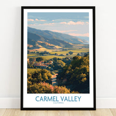 Carmel Valley travel art print in black frame, scenic landscape wall decor on wooden floor