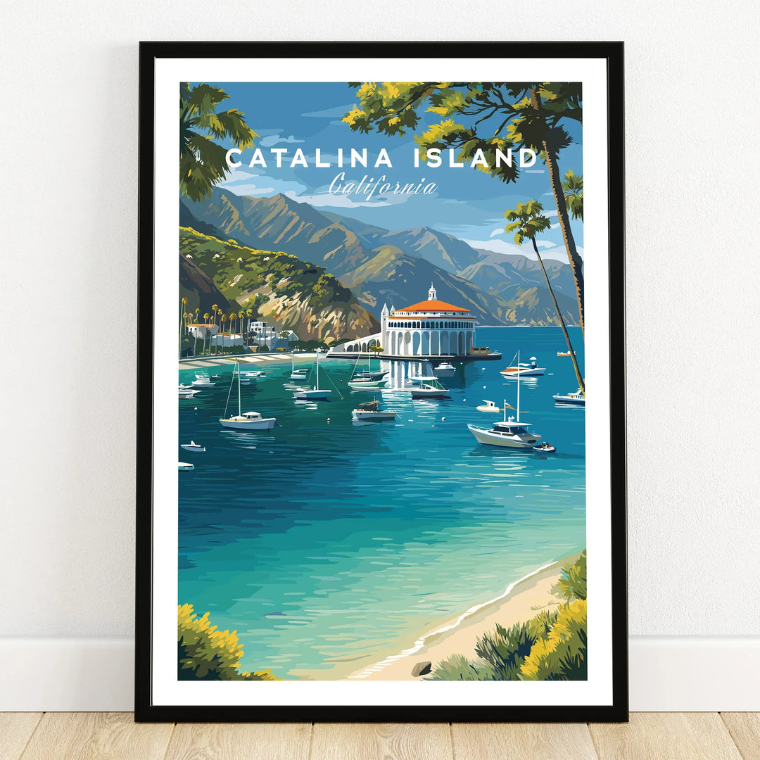 Catalina Island art print with boats, blue ocean, mountains, and iconic California casino building