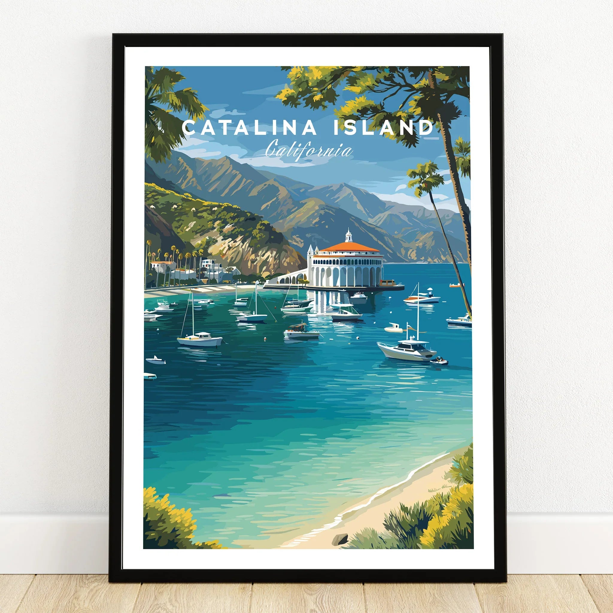 Catalina Island art print with boats, blue ocean, mountains, and iconic California casino building