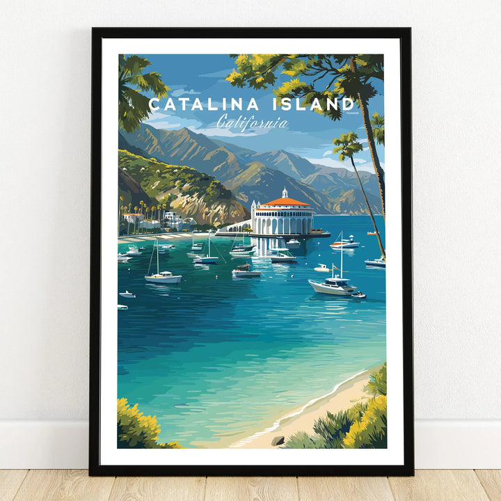 Catalina Island art print with boats, blue ocean, mountains, and iconic California casino building