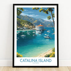 Catalina Island art print in black frame, featuring boats, ocean, and mountains.