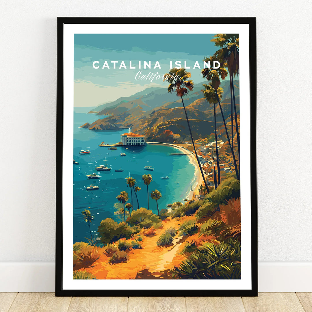 Catalina Island art print in black frame, vibrant coastal landscape with palm trees and boats