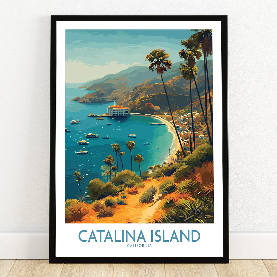 Catalina Island travel poster art print in black frame, featuring palm trees, ocean, and coastline.