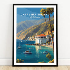 Catalina Island California art print in black frame, coastal landscape with boats and palm trees