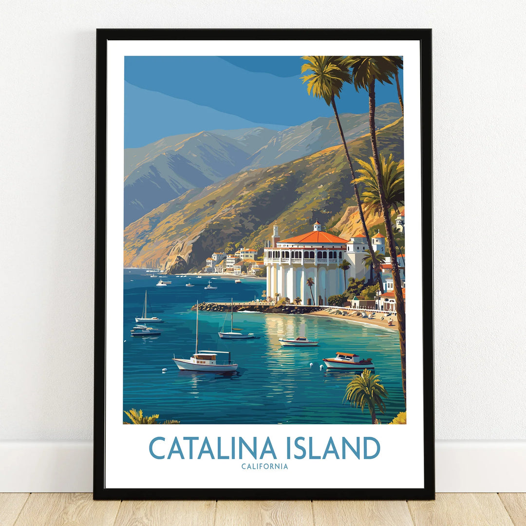 Catalina Island travel poster print in black frame with scenic harbor, boats, mountains, palm trees.
