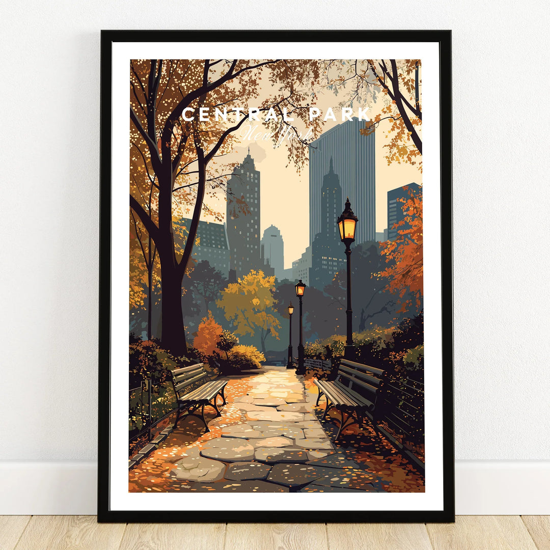 Central Park art print in black frame, autumn cityscape wall art with benches and lamp posts