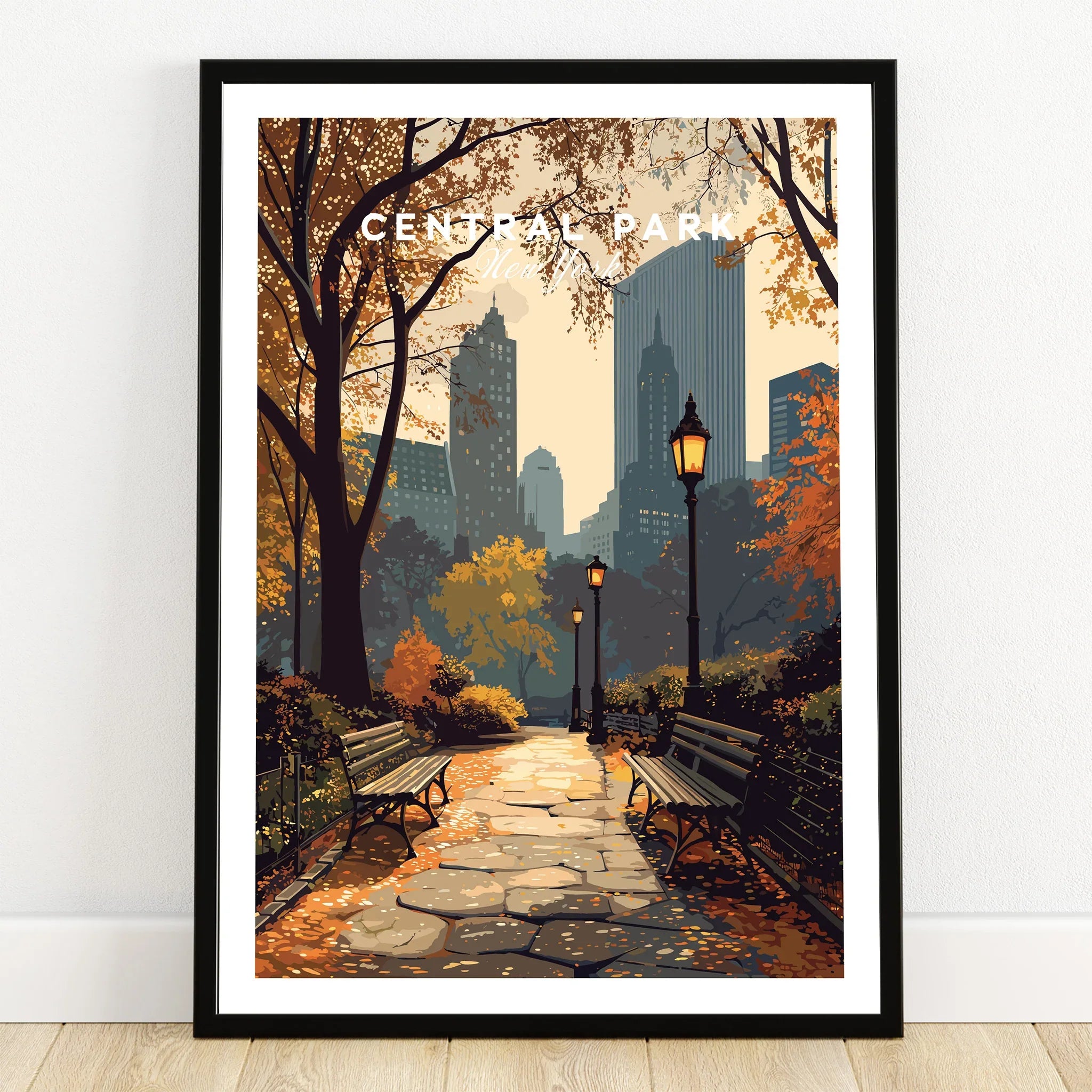 Central Park art print in black frame, autumn cityscape wall art with benches and lamp posts