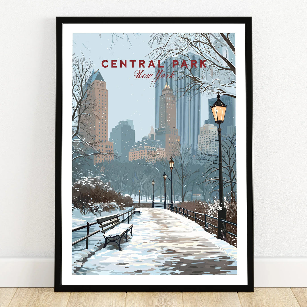 Central Park art print in black frame, snow-covered path with benches and city skyline