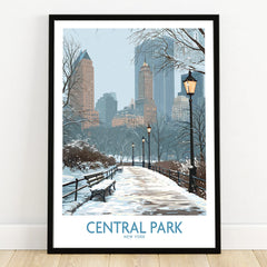 Central Park art print in black frame, snowy cityscape with benches and lamp posts