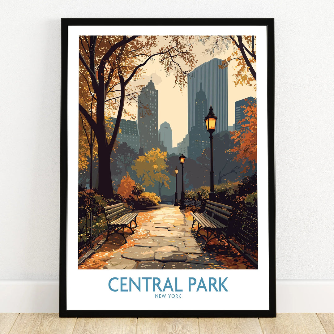 Central Park New York art print in black frame, autumn path with benches and city skyline