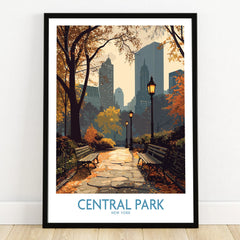 Central Park New York art print in black frame, autumn path with benches and city skyline