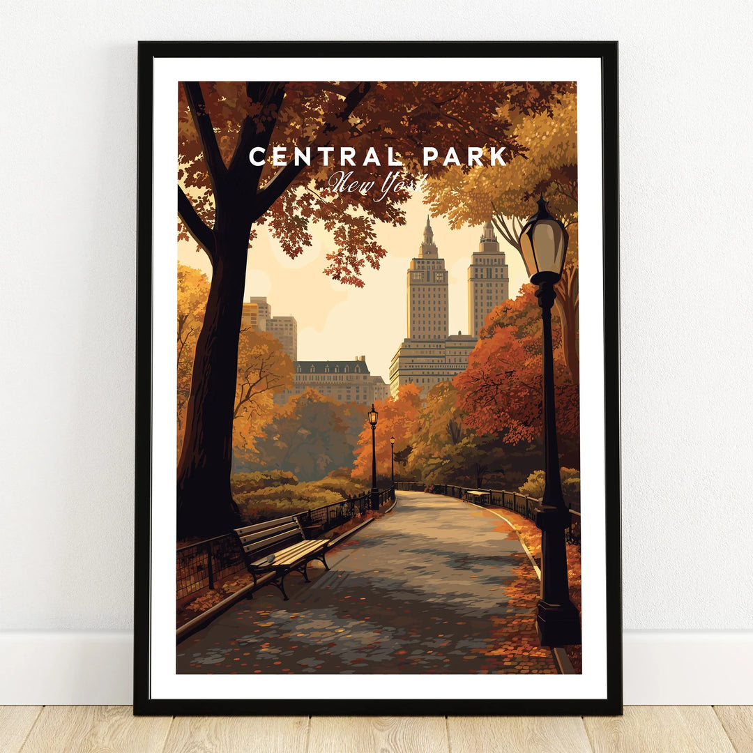 Central Park New York art print in black frame, autumn trees, city skyline, park benches