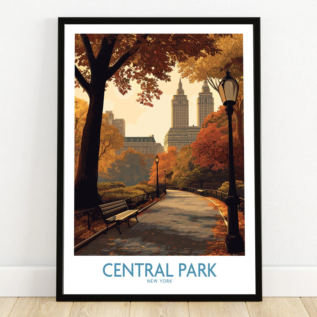 Central Park New York art print in black frame, fall trees, city skyline, wooden floor
