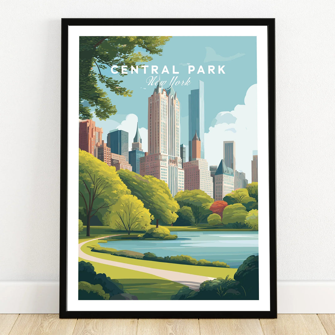 Central Park art print in black frame, featuring New York skyline, trees, and pond