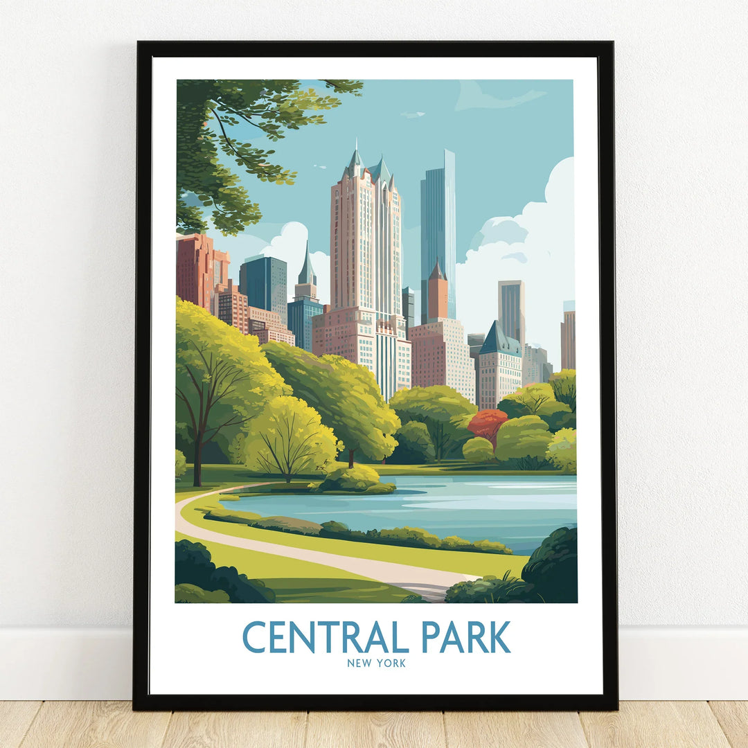Central Park art print with New York skyline in black frame on wooden floor