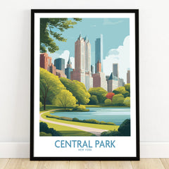 Central Park art print with New York skyline in black frame on wooden floor