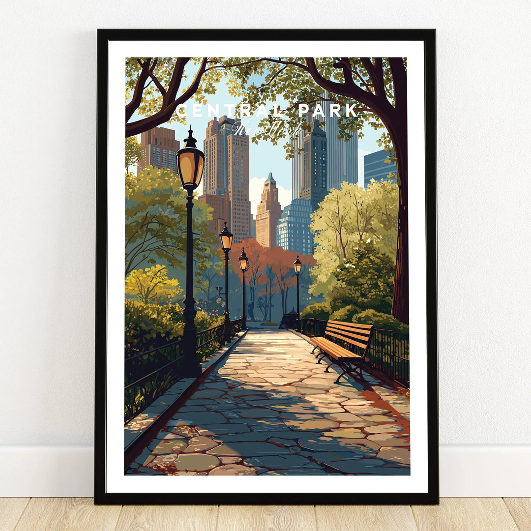 Central Park art print in black frame, city skyline, park path, benches, and lampposts
