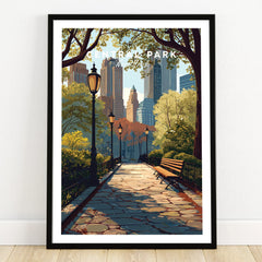 Central Park art print in black frame, city skyline, park path, benches, and lampposts