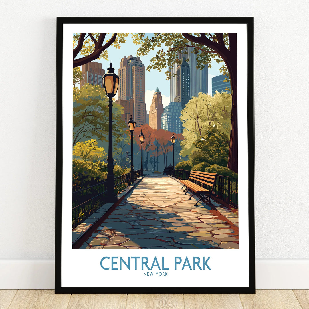 Central Park New York art print with city skyline, park benches, and lamp posts in black frame
