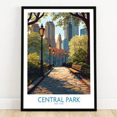 Central Park New York art print with city skyline, park benches, and lamp posts in black frame