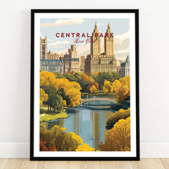 Central Park New York art print in black frame, fall city skyline wall decor