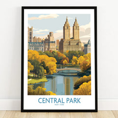 Central Park art print in black frame, featuring skyline, autumn trees, and lake scene.