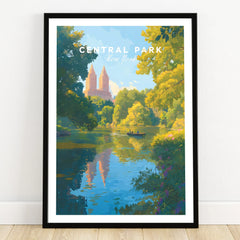 Central Park art print in black frame, city skyline and lake with rowboat, wall decor.