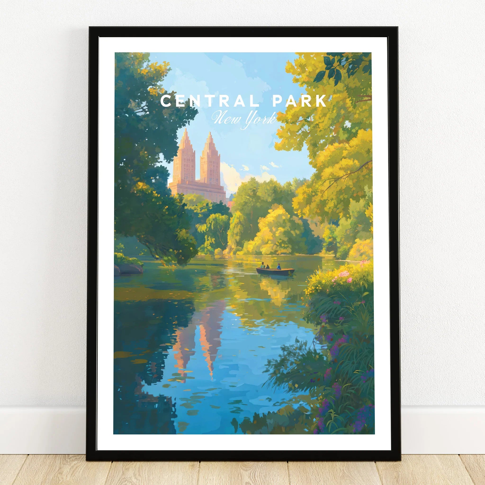 Central Park art print in black frame, city skyline and lake with rowboat, wall decor.