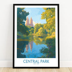 Central Park art print in black frame, featuring a scenic lake, greenery, and city skyline.
