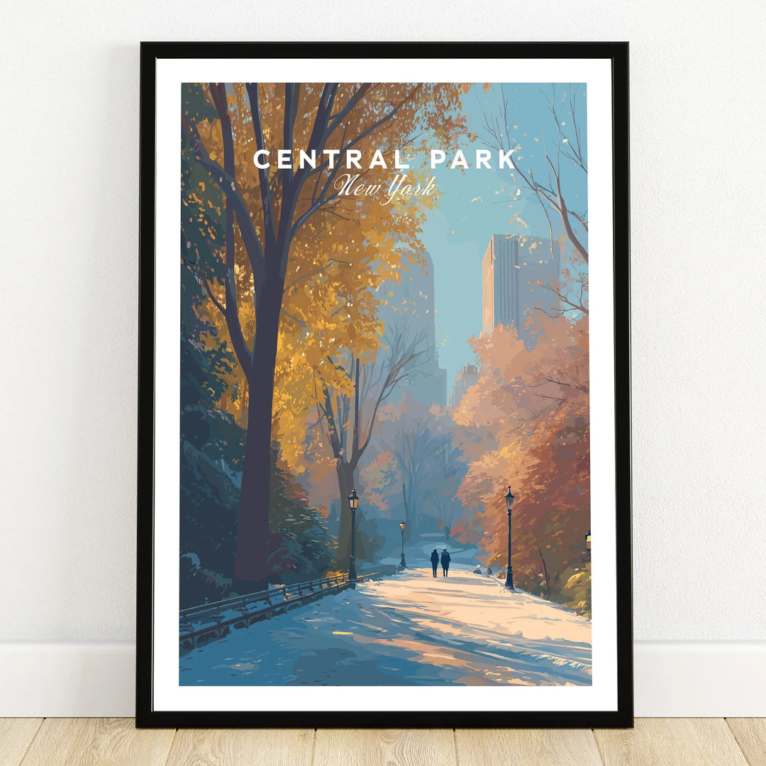 Framed Central Park art print with autumn trees and New York city skyline wall art.