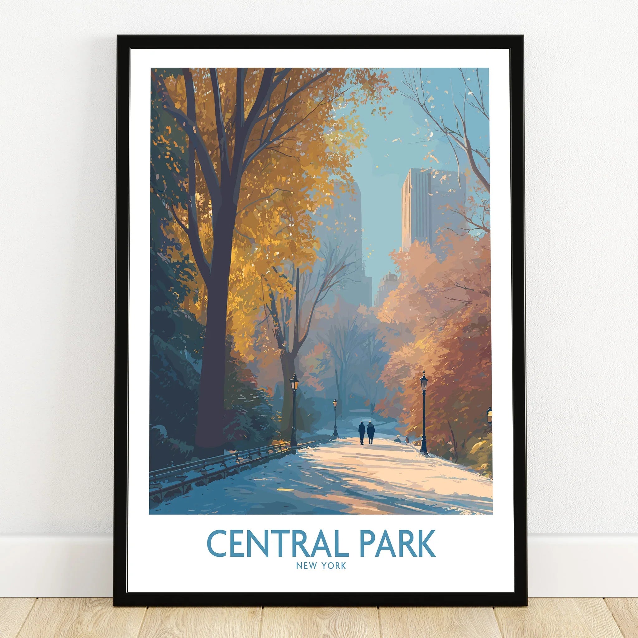 Central Park New York art print in black frame, autumn trees, city skyline, home wall decor