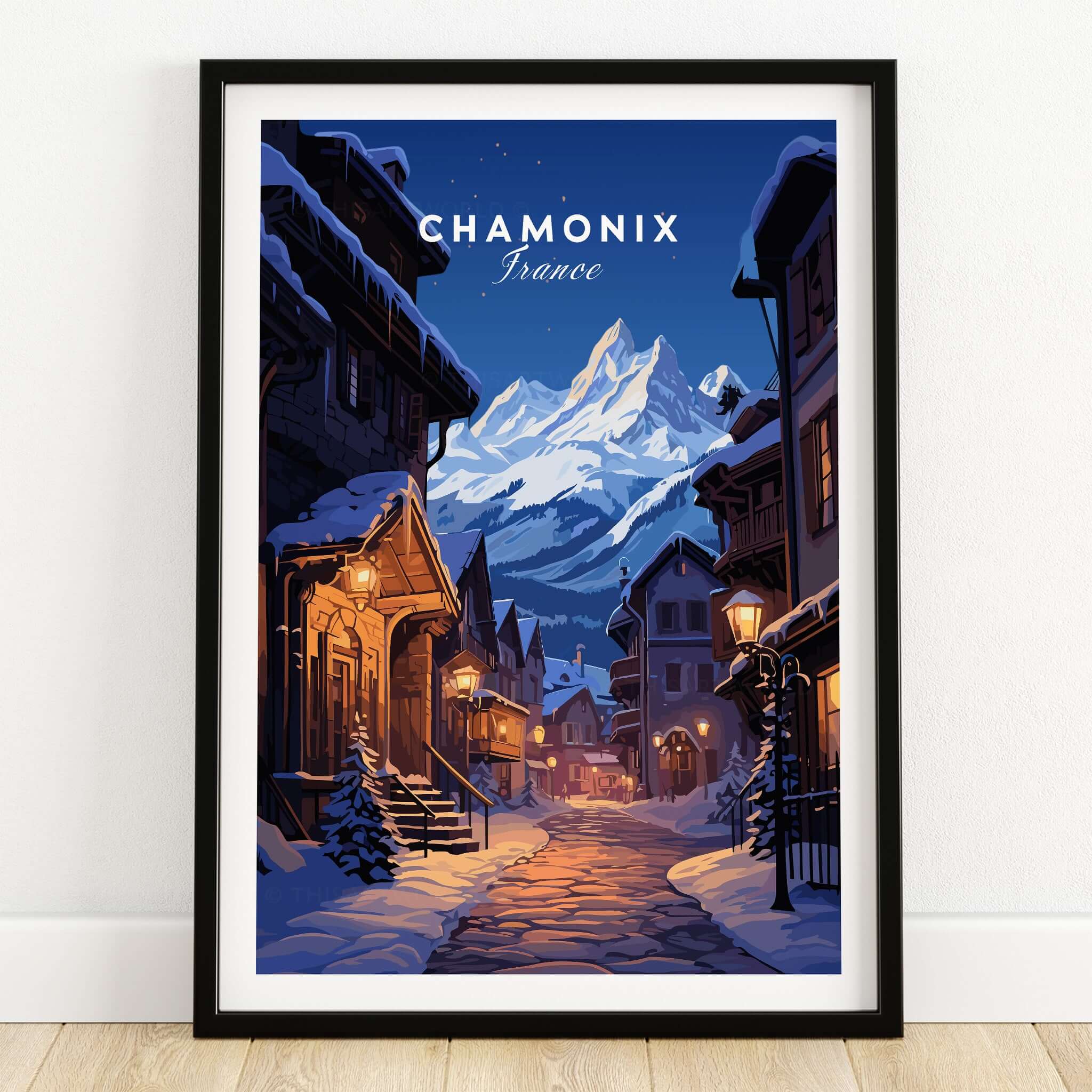 Chamonix Poster featuring a moonlit street scene in Chamonix, France, perfect for home decor.