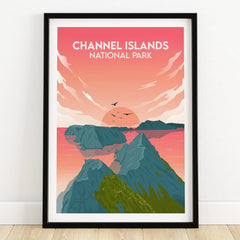 Channel Islands National Park sunset art print in black frame on wooden floor