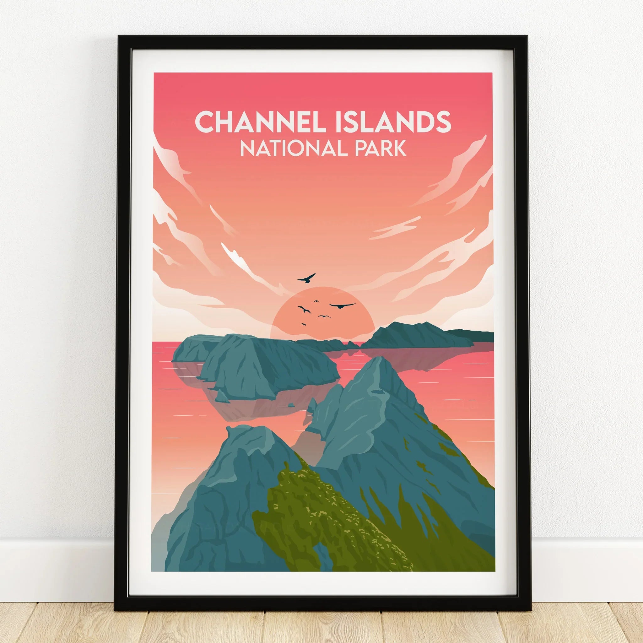 Channel Islands National Park sunset art print in black frame on wooden floor