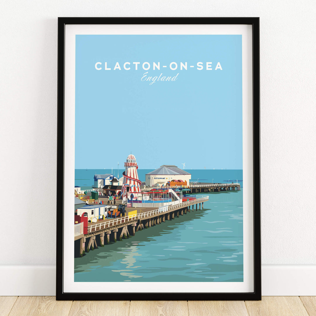 Clacton-on-Sea Travel Poster – Historic Pier Art Print featuring the vibrant historic pier and seaside scenery.