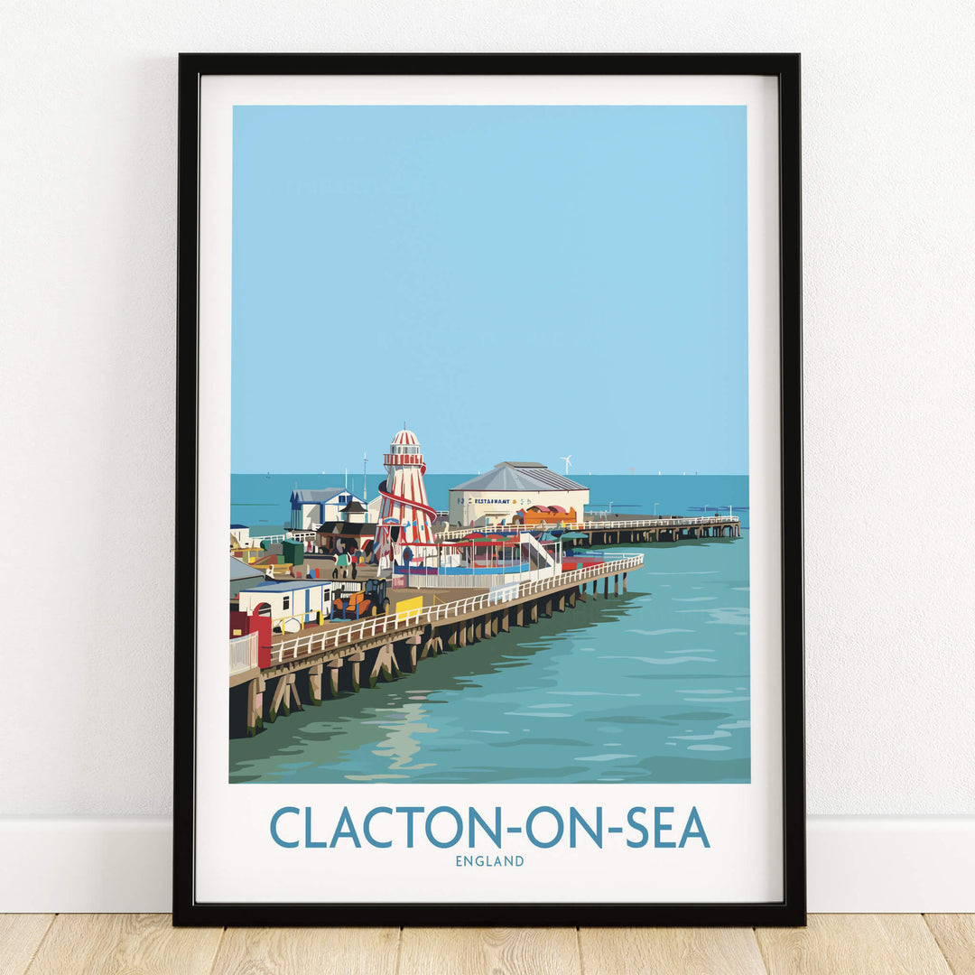 Clacton-on-Sea England Wall Art – British Seaside Decor featuring a vibrant pier scene in colorful illustration.