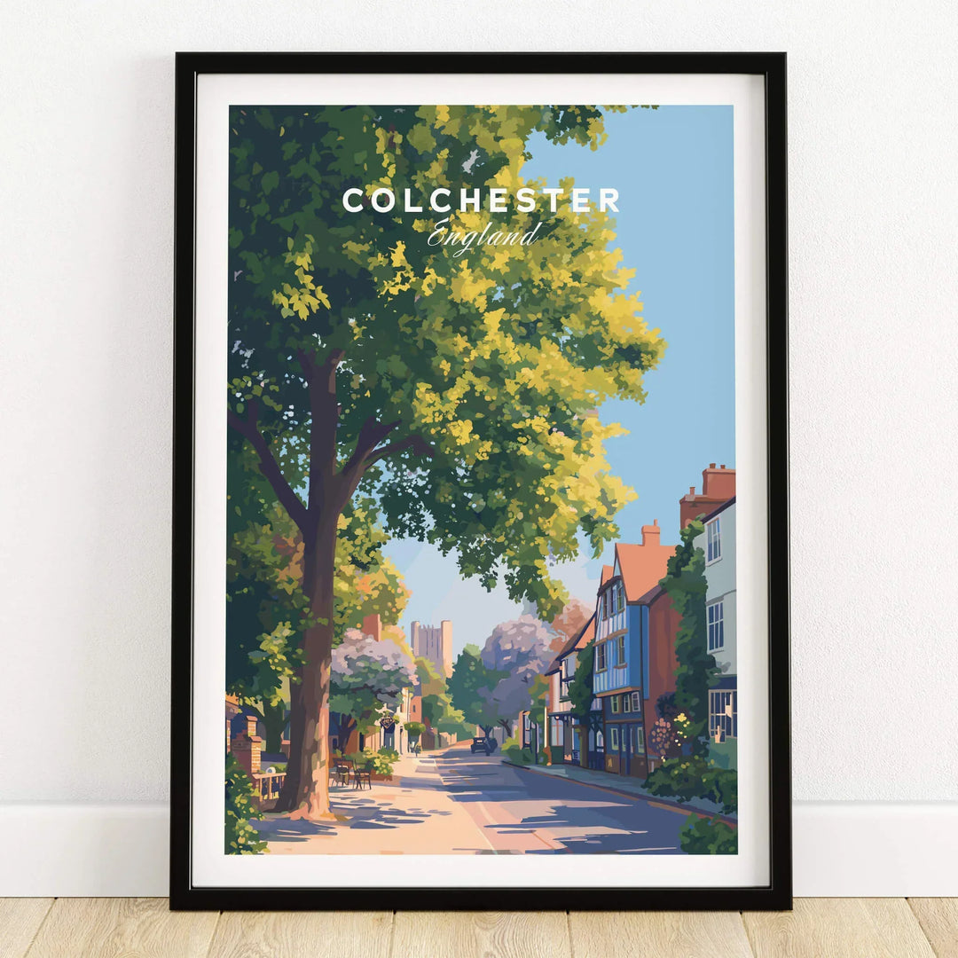 Colchester England art print in black frame, city street scene wall art, wooden floor