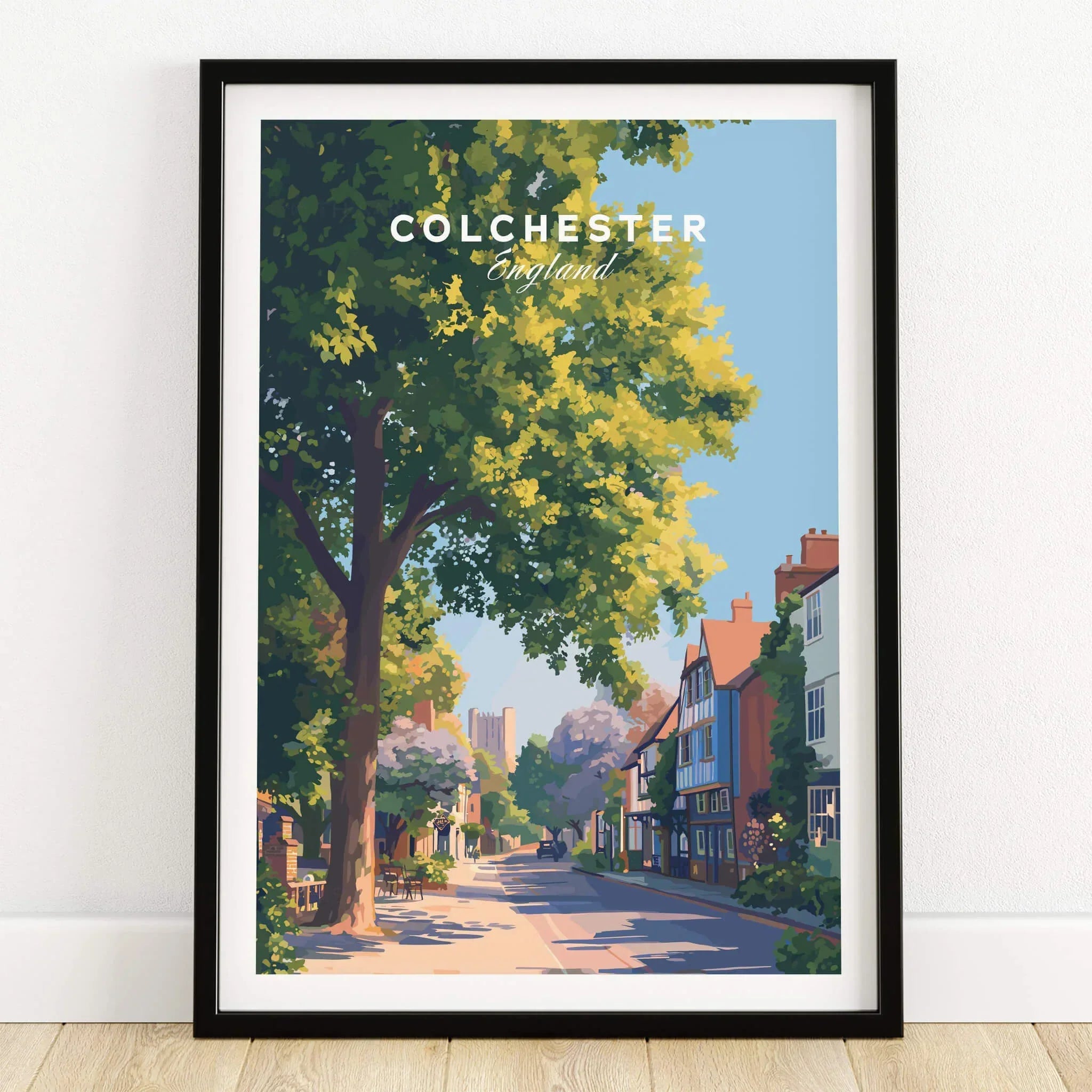 Colchester England art print in black frame, city street scene wall art, wooden floor