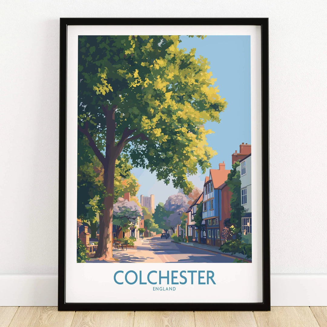 Colchester England art print in black frame, showing a scenic street with trees and historic buildings
