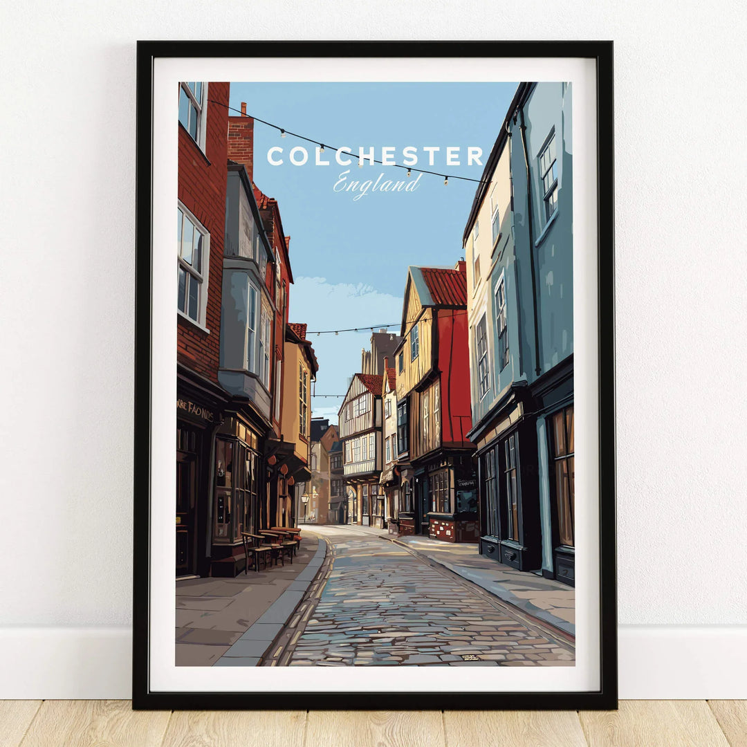 Colchester England travel poster art print in black frame on wooden floor
