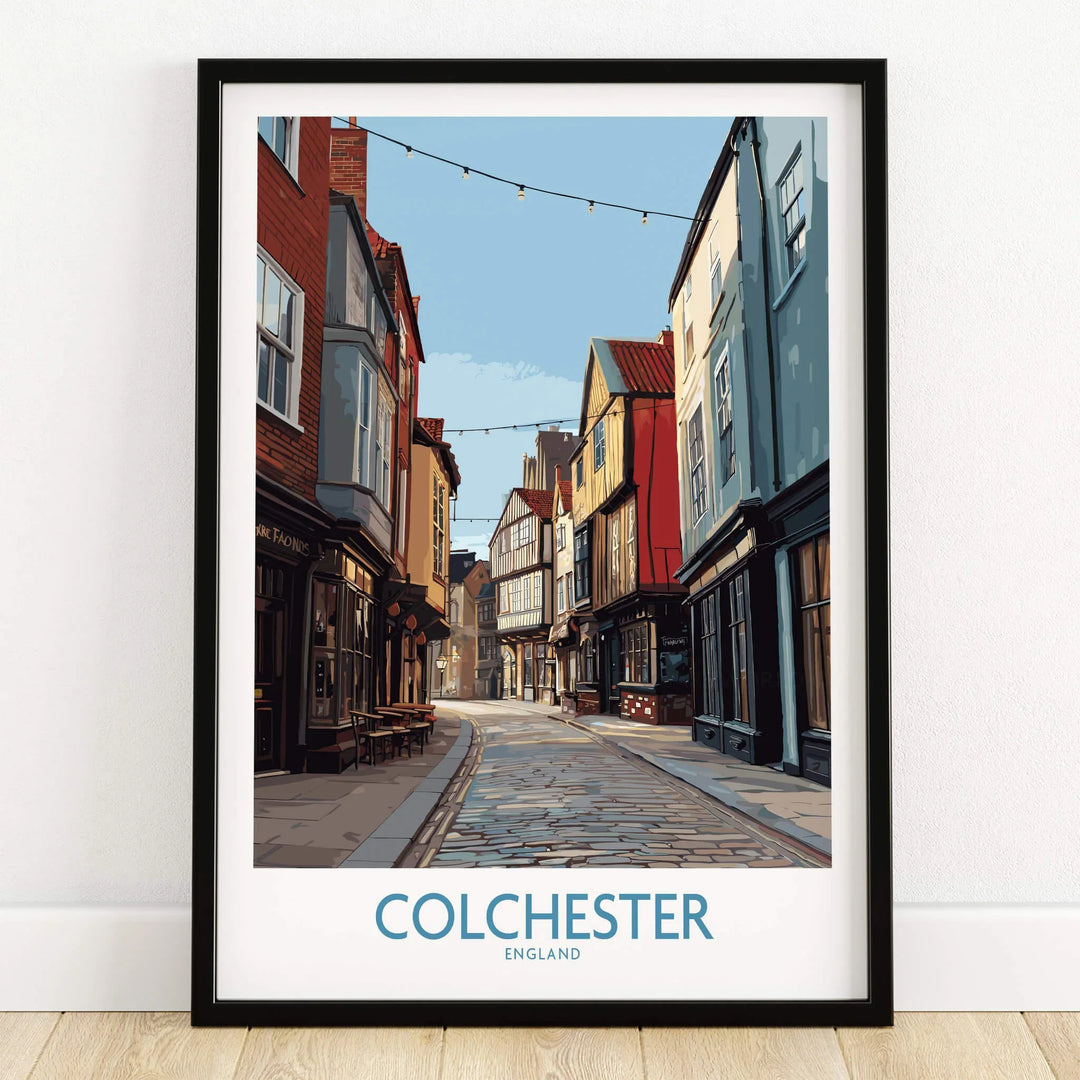 Colchester England travel poster art print in black frame on wooden floor