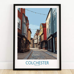 Colchester England travel poster art print in black frame on wooden floor