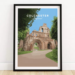 Colchester England travel poster framed art print showing historic stone ruins and blue sky