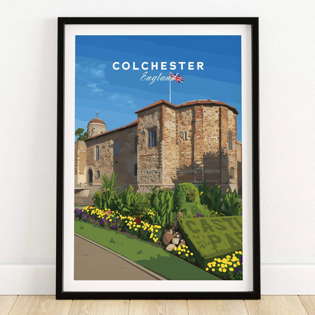Colchester England art print in black frame, featuring historic castle and garden flowers