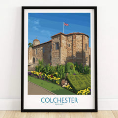 Framed Colchester England art print featuring a historic castle, Union Jack flag, and flowers.