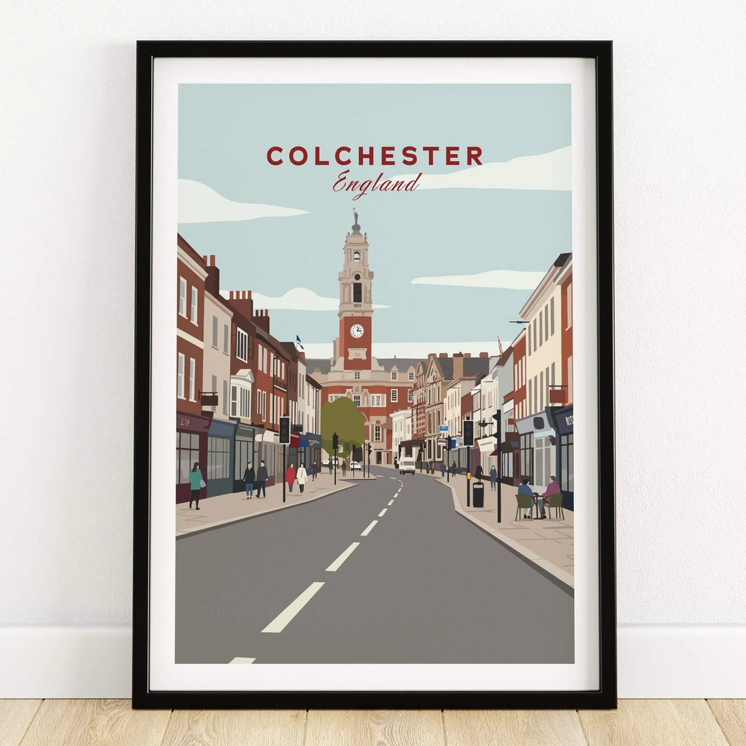 Colchester England travel poster art print in black frame on wooden floor
