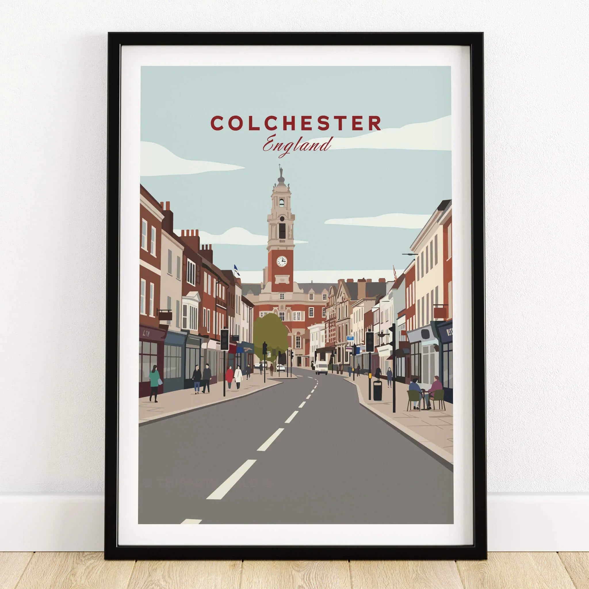Colchester England travel poster art print in black frame on wooden floor