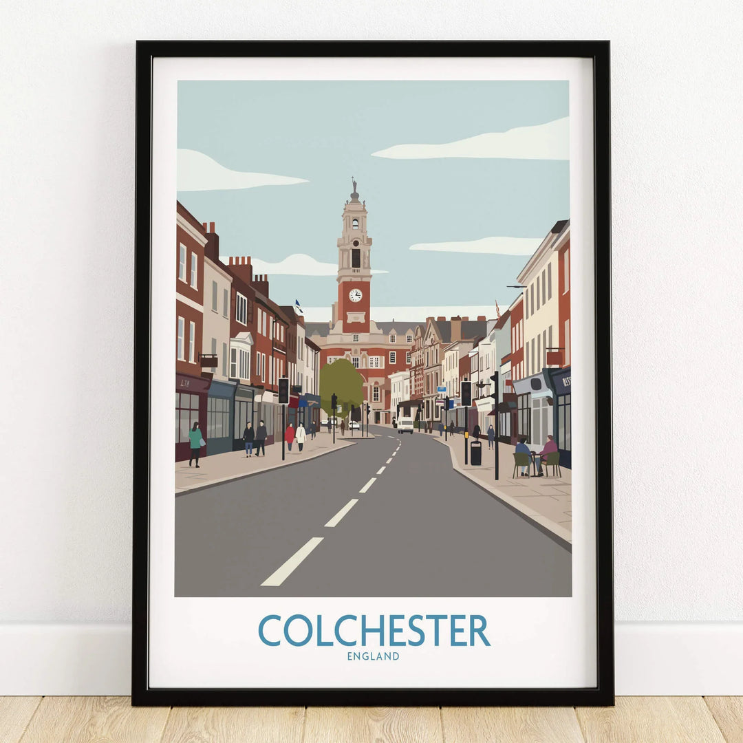 Colchester England travel poster art print in black frame on wooden floor
