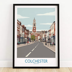 Colchester England travel poster art print in black frame on wooden floor