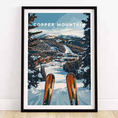 Copper Mountain Ski Print artwork featuring skis overlooking a scenic snowy mountain landscape in Colorado.